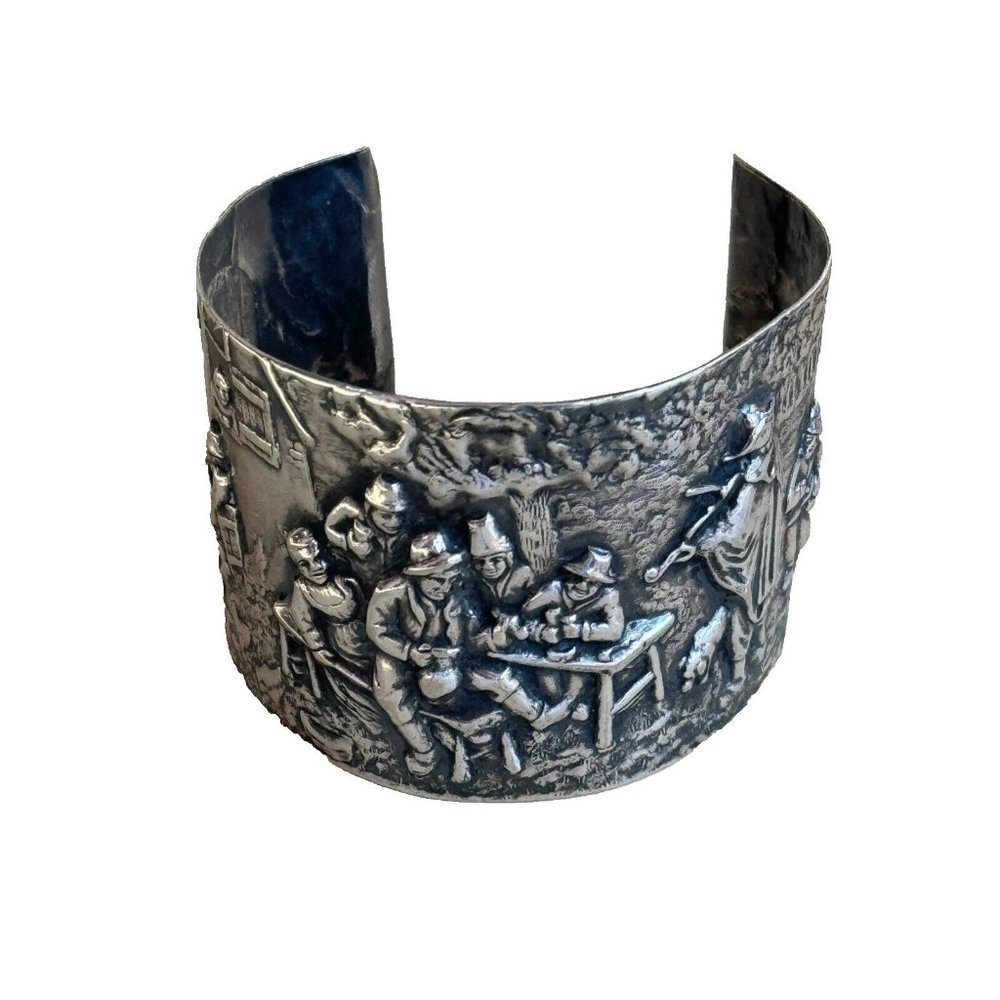 Vintage Denmark Repousse Story Scene Hans Jensen Silverplate Wide Cuff Bracelet